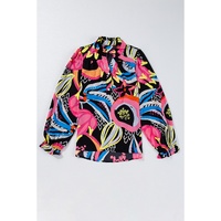 Black Abstract Print Ruffled Sleeve Buttoned V Neck Blouse - M thumbnail