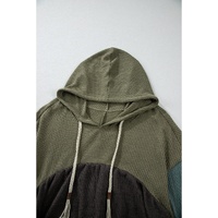 Laurel Green Mixed Textured Colorblock Patchwork Wide Sleeve Frayed High Low Hooded Top - L thumbnail