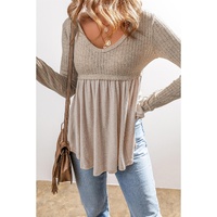Smoke Gray Textured Long Sleeve V Neck Babydoll Top - S thumbnail