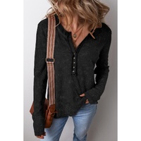Black Acid Wash Waffle Knit Buttoned Neckline Long Sleeve Top - L thumbnail