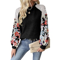 Black Floral Patchwork Long Sleeve Ribbed Blouse - 2XL thumbnail