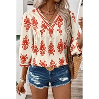 Orange Vintage Geometric Printed 3/4 Sleeve V Neck Blouse - M thumbnail