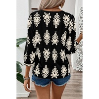 Black Vintage Geometric Printed 3/4 Sleeve V Neck Blouse - M thumbnail