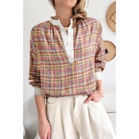 Pink Colorblock Plaid Patchwork Henley Blouse - L thumbnail