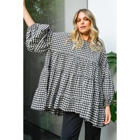 Black Checkered Puff Sleeve Tiered Loose Babydoll Blouse - M thumbnail