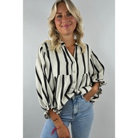 Black Stripe Crinckled Ruffled Sleeve Button up Loose Shirt - XL thumbnail