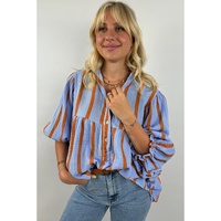 Sky Blue Stripe Crinckled Ruffled Sleeve Button up Loose Shirt - L thumbnail
