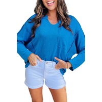 Blue Ribbed Exposed Seam Knit V Neck Long Sleeve Top - L thumbnail