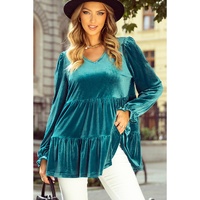 Sea Green Velvet V Neck Peplum Hem Puff Sleeve Blouse - L thumbnail