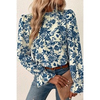 Sky Blue Floral Print Flounce Sleeve Keyhole Back Blouse - S thumbnail