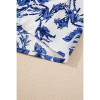 Sky Blue Floral Print Notched Neck Elegant Blouse - L thumbnail