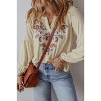 Apricot Paisley Floral Embroidered Notch V Neck Blouse - L thumbnail