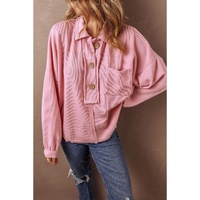 Pink Ribbed Knit Collared Henley Top with Chest Pocket - L thumbnail