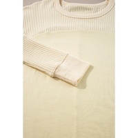 Beige Thermal Knit Patchwork Exposed Seam Long Sleeve Top - M thumbnail