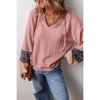 Dusty Pink Floral Patchwork Textured Knit Drawstring V Neck Blouse - L thumbnail