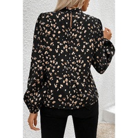 Black Leopard Print Lantern Sleeve Mock Neck Pleated Blouse - L thumbnail