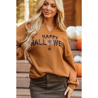 Chestnut Sequin Happy Halloween Graphic Notched Neck Long Sleeve Loose Top - 2XL thumbnail