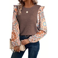 Coffee Ruffled Floral Sleeve Patchwork Waffle Knit O Neck Blouse - L thumbnail