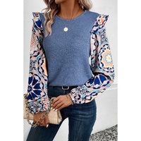 Ashleigh Blue Ruffled Floral Sleeve Patchwork Waffle Knit O Neck Blouse - L thumbnail