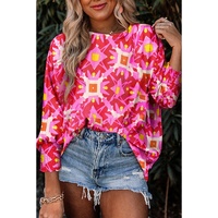 Strawberry Pink Geometric Print Shirred Cuff 3/4 Sleeve Loose Blouse - L thumbnail