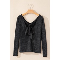 Black Metallic Bowknot Open Back V Neck Top - M thumbnail