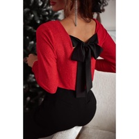 Racing Red Metallic Bowknot Open Back V Neck Top - L thumbnail