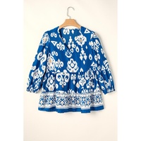 Blue Tribal Geometric Print 3/4 Sleeve Flowy Fit Blouse - L thumbnail