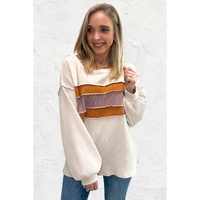 White Corded Exposed Seam Knit Patchwork Drop Sleeve Top - M thumbnail
