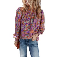 Purple Floral Allover Print Shirred Cuff Frilled O Neck Blouse - L thumbnail