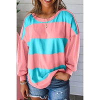 Light Blue Colorblock Striped Drop Shoulder Loose Top - M thumbnail