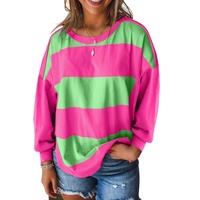 Light Green Colorblock Striped Drop Shoulder Loose Top - L thumbnail