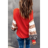 Red Hello Pumpkin Graphic Leopard Striped Colorblock Sleeve V Neck Top - L thumbnail