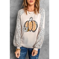 Khaki Leopard Raglan Long Sleeve Floral Pumpkin Graphic Top - L thumbnail