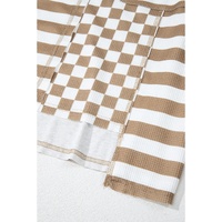 Khaki Checkerboard Striped Patchwork Lantern Sleeve Pocketed Blouse - L thumbnail