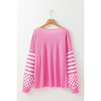 Rose Red Checkerboard Striped Patchwork Lantern Sleeve Pocketed Blouse - L thumbnail