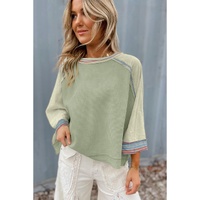Meadow Mist Green Waffle Knit Wide Bracelet Sleeve Patchwork Raglan Top - L thumbnail