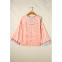 Grapefruit Orange Waffle Knit Wide Bracelet Sleeve Patchwork Raglan Top - L thumbnail