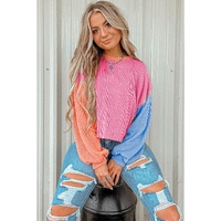 Rose Red Corded Colorblock Patchwork Drop Shoulder Long Sleeve Top - L thumbnail