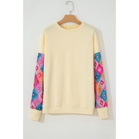 Apricot Geometric Printed Patchwork Long Sleeve Round Neck Top - S thumbnail