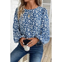 Blue Ditsy Floral Print Lantern Sleeve Blouse - S thumbnail