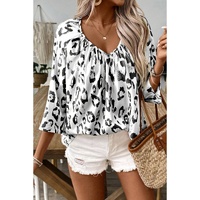 Black Leopard Print Ruched V Neck 3/4 Sleeve Blouse - L thumbnail