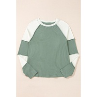 Mint Green Ribbed Colorblock Patchwork Raglan Long Sleeve Top - L thumbnail