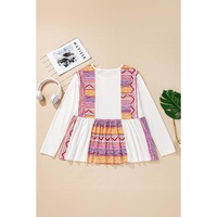 White Western Aztec Print Patchwork Ruffled Tunic Long Sleeve Babydoll Top - L thumbnail