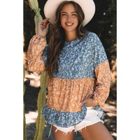 Orange Floral Color Block Patchwork Ruffled Hem Round Neck Blouse - L thumbnail