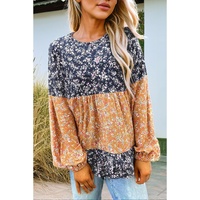 Blue Floral Color Block Patchwork Ruffled Hem Round Neck Blouse - 2XL thumbnail