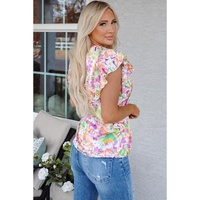 Purple Abstract Printed Ruffled Short Sleeve Notched Neck Blouse - L thumbnail
