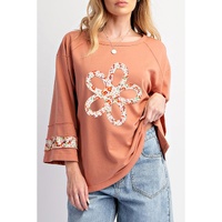 Grapefruit Orange Flower Patch Graphic Exposed Seam Wide Sleeve Top - 2XL thumbnail