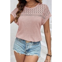 Light Pink Lace Patchwork Waffle Short Sleeve Top - 2XL thumbnail