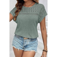 Mist Green Lace Patchwork Waffle Short Sleeve Top - 2XL thumbnail