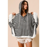 Black white Oversized Striped Henley Buttons Dolman Sleeve Hooded Top - L thumbnail